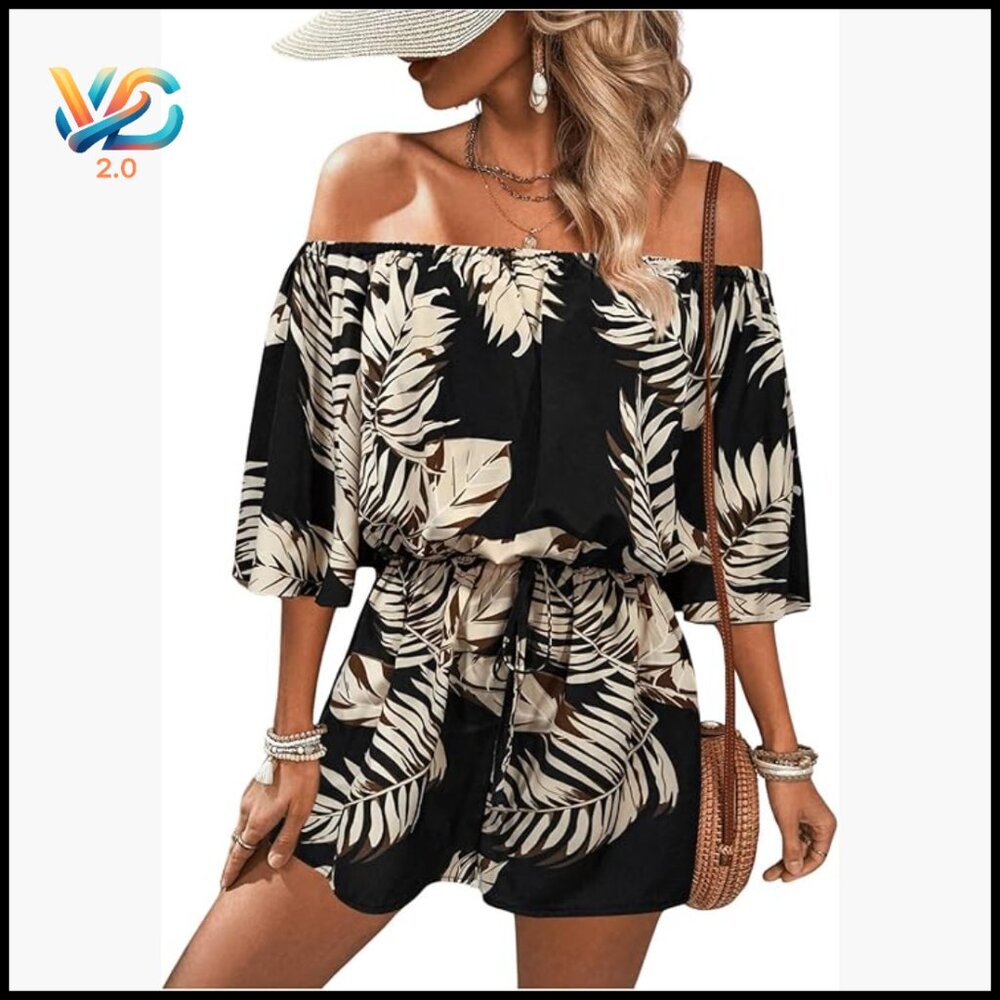Off Shoulder Flutter Sleeve Romper, Polyester Ble… - image 1